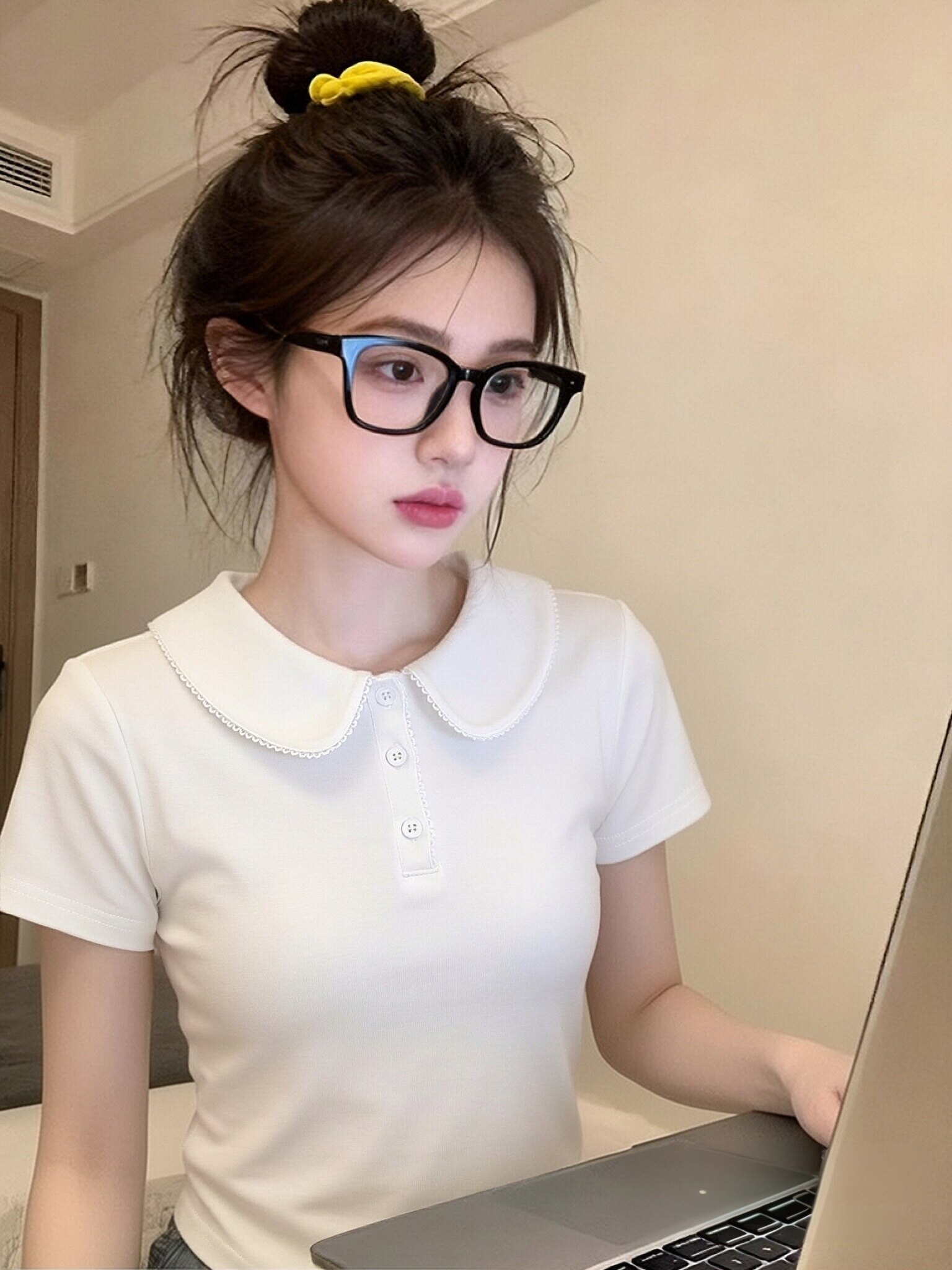 경관 그림 1 1 리브 220 그램 반팔 티셔츠 여성 의류 여름 새로운 단색 몸매 가꾸기 슬림해 보이는 베이비 칼라 맨위