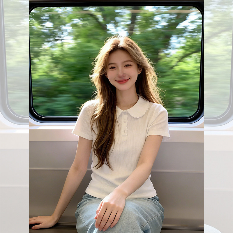 경관 그림 1 1 리브 220 그램 반팔 티셔츠 여성 의류 여름 새로운 단색 몸매 가꾸기 슬림해 보이는 베이비 칼라 맨위