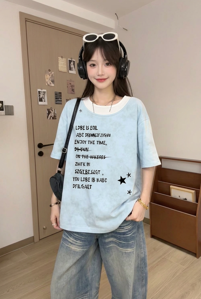 경관 그림 32 더블 실 순면 반팔 티셔츠 여성 의류 여름 새로운 레트로 루즈핏 페이크 레이어드 라운드 넥 맨위