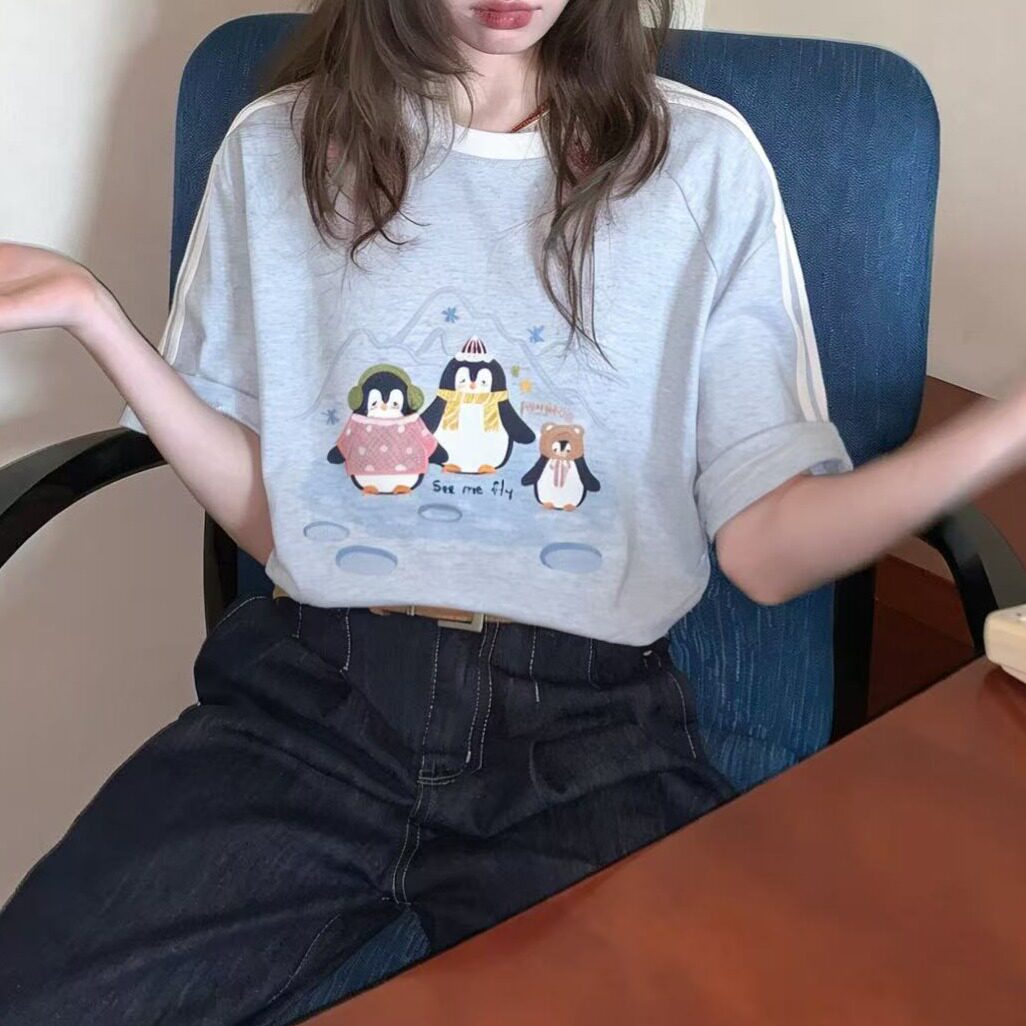 경관 그림 특별 가격 220 그램 양면 면 반팔 티셔츠 여성 의류 여름 새로운 한 부서 레트로 루즈핏 스트라이프 라운드 넥 맨위