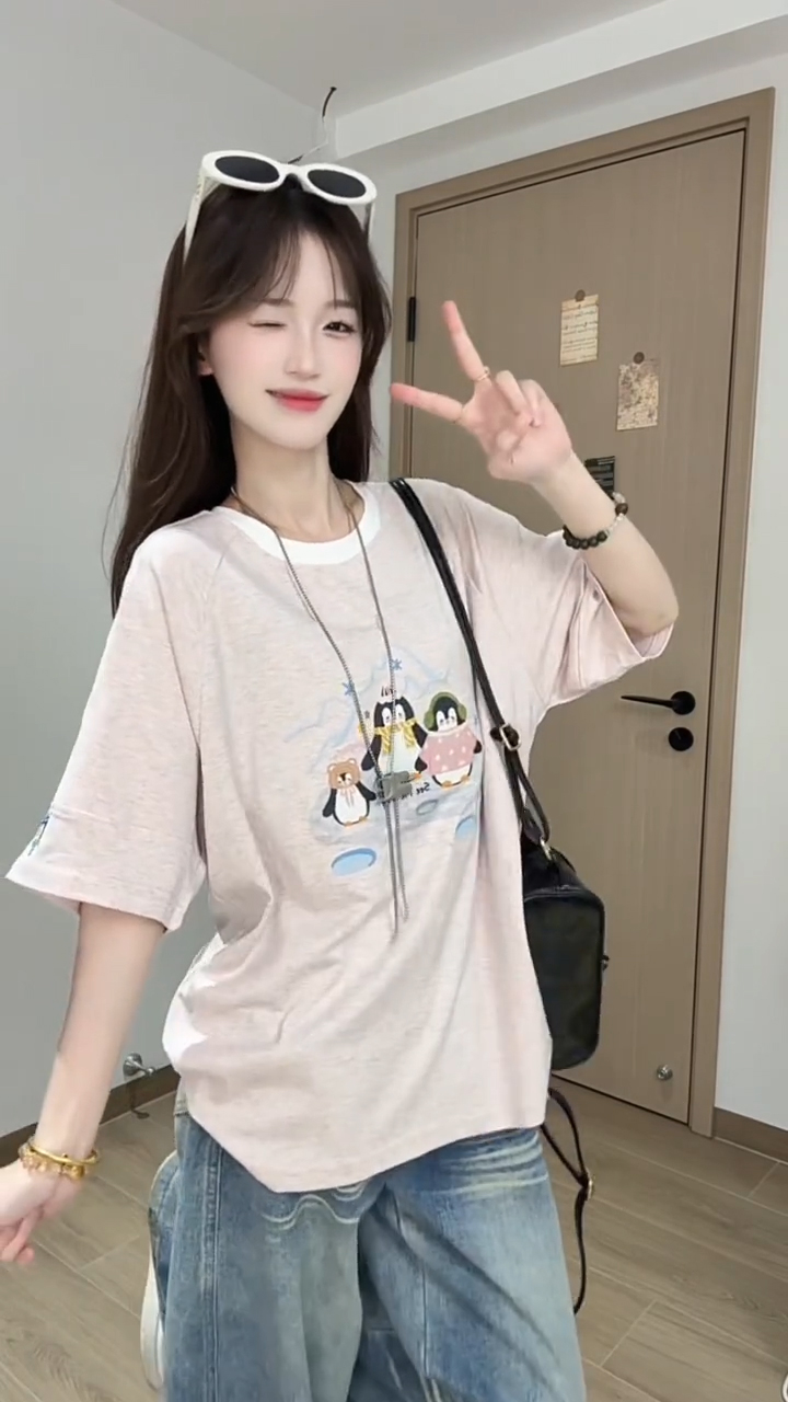 경관 그림 특별 가격 220 그램 양면 면 반팔 티셔츠 여성 의류 여름 새로운 한 부서 레트로 루즈핏 스트라이프 라운드 넥 맨위