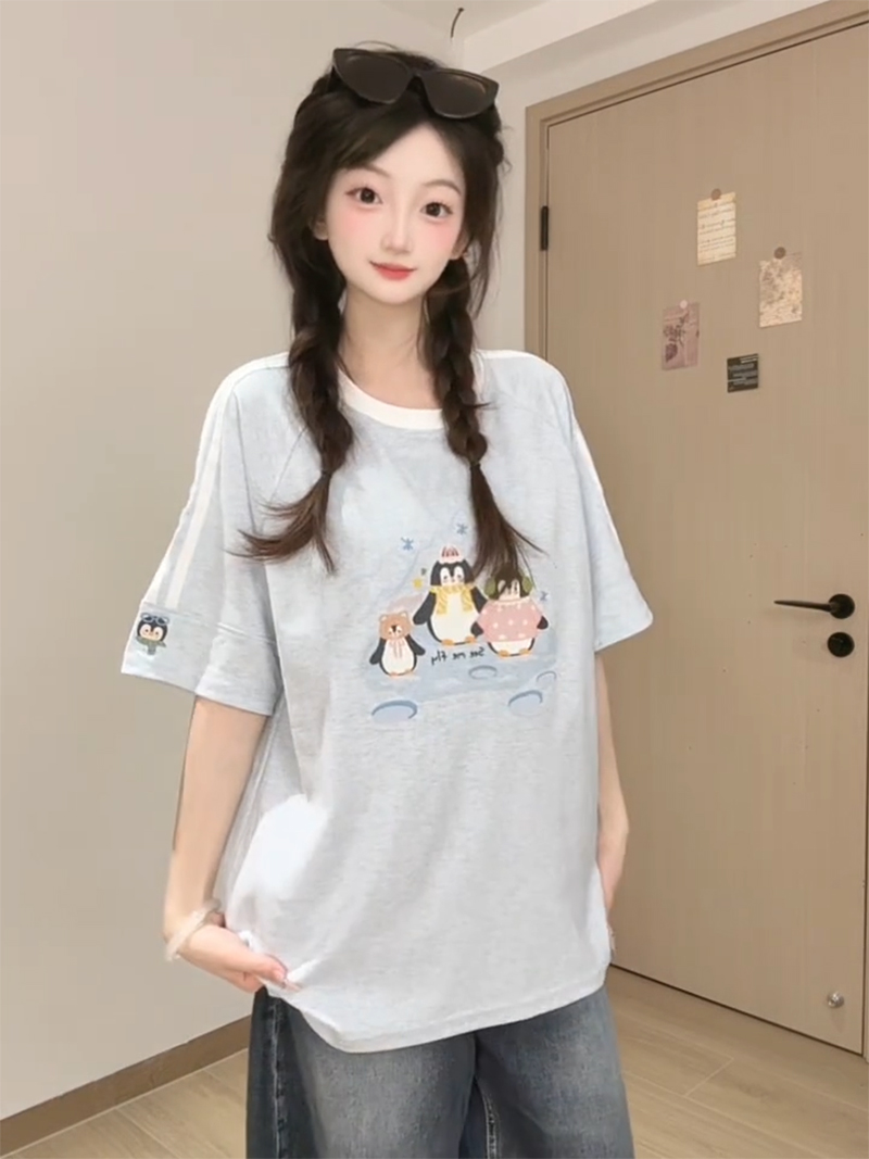 경관 그림 특별 가격 220 그램 양면 면 반팔 티셔츠 여성 의류 여름 새로운 한 부서 레트로 루즈핏 스트라이프 라운드 넥 맨위