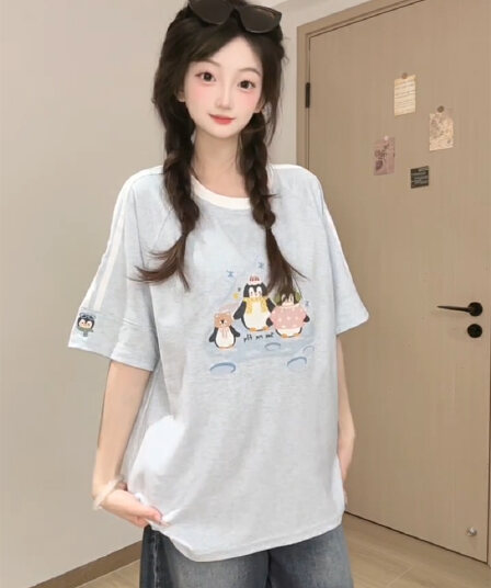 경관 그림 특별 가격 220 그램 양면 면 반팔 티셔츠 여성 의류 여름 새로운 한 부서 레트로 루즈핏 스트라이프 라운드 넥 맨위