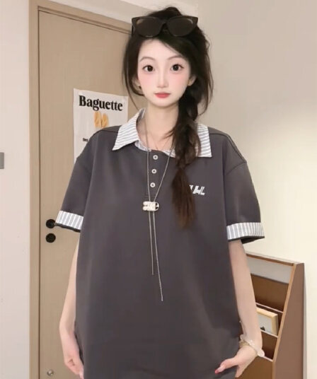 경관 그림 남자 바 면 220 그램 반팔 티셔츠 남녀 커플룩 여름 새로운 루즈핏 스트라이프 POLO 칼라 맨위