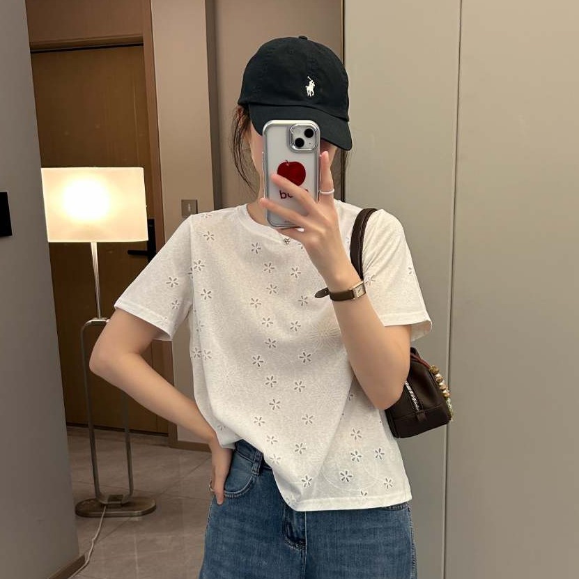 BY29823# 短袖t恤女装夏潮新款正肩韩系设计感白色刺绣镂空圆领上衣 服裝批發女裝批發服飾貨源