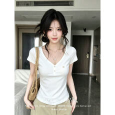 批发官图220克水柔棉<b class='q'>短袖</b><b class='q'>t</b><b class='q'>恤</b>女装夏新款修身显瘦纽扣V领韩系上衣