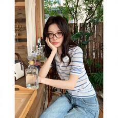 批发官图高捻仿<b class='q'>亚麻</b>短袖t恤针织衫女装夏季新款美式条纹韩系上衣