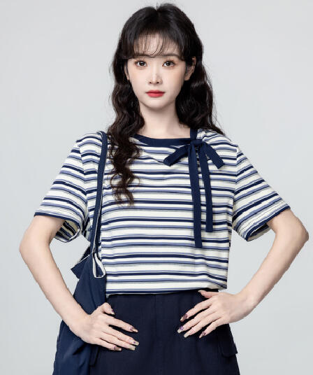 경관 그림 반팔 티셔츠 여성 의류 여름 루즈핏 한 부서 디자인 센스 아메리칸 스트라이프 스트랩 배색 비스듬한 칼라 맨위