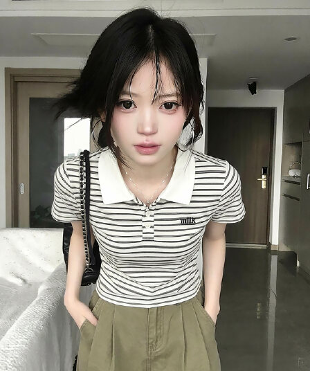 경관 그림 반팔 티셔츠 여성 의류 여름 새로운 디자인 센스 아메리칸 스트라이프 자수 배색 POLO 칼라 맨위