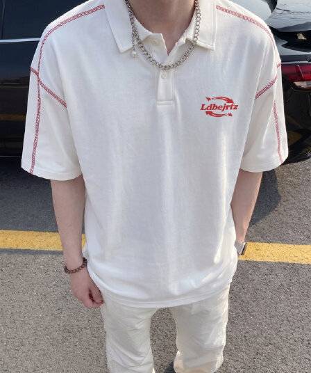 경관 그림 220 그램 순면 반팔 티셔츠 남녀 커플룩 여름 명시적 스티치 장식 새로운 POLO 칼라 맨위