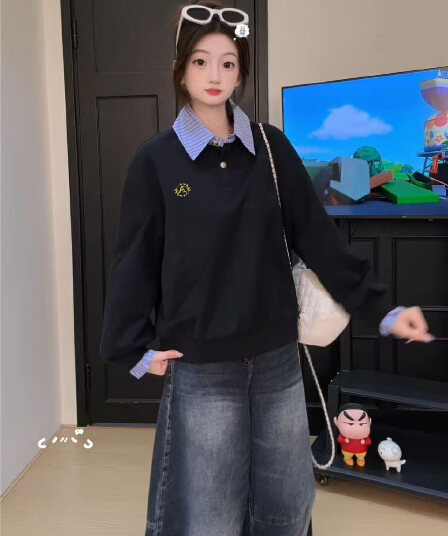 경관 그림 얇은 스타일 후드티 여성 가시 자수 봄 가을 새로운 한 부서 패치워크 루즈핏 페이크 레이어드 셔츠 칼라 맨위
