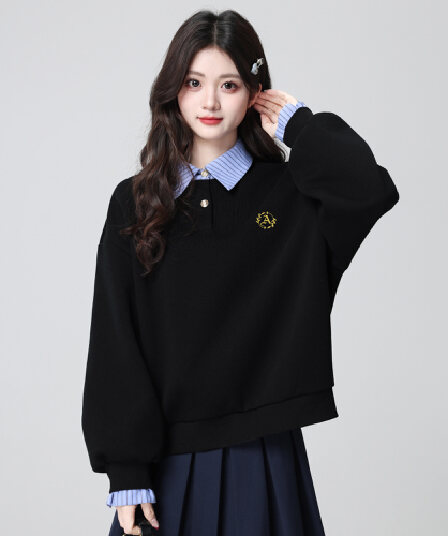 경관 그림 얇은 스타일 후드티 여성 가시 자수 봄 가을 새로운 한 부서 패치워크 루즈핏 페이크 레이어드 셔츠 칼라 맨위