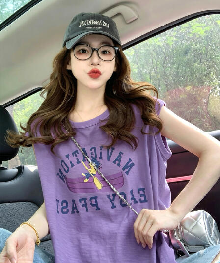 경관 그림 대나무 마디 면 반팔 티셔츠 여성 의류 여름 새로운 디자인 센스 루즈핏 작은 샤넬 스타일 민소매 라운드 넥 맨위