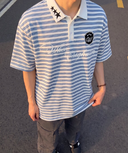 경관 그림 면 당겨 프레임 반팔 티셔츠 남녀 커플룩 여름 새로운 루즈핏 가시 자수 POLO 칼라 맨위