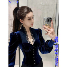 批发巨好看的秋季上衣法式气质轻奢高级感显瘦蕾丝拼接蓝色丝绒<b class='q'>衬衫</b>女