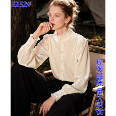 批发法式立领木耳边<b class='q'>长袖</b>丝绒<b class='q'>衬衫</b>女2025年秋冬新款珍珠扣复古气质上衣