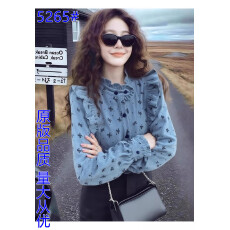 批发2025冬新款今年流行爆款巨好看法式加厚气质雾霾蓝<b class='q'>蝴蝶结</b>印花上衣