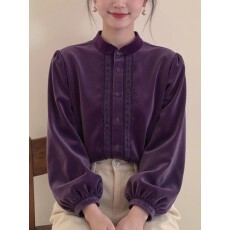 批发新中式女装紫色蕾丝拼接灯笼袖丝绒旗袍<b class='q'>上衣</b>冬季2025超火减龄小衫