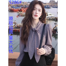 批发法式蝴蝶结波点紫色<b class='q'>长袖</b><b class='q'>衬衫女</b>秋冬季设计感通勤百搭减龄气质上衣