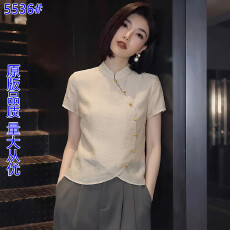 批发新中式立领斜门襟短袖上衣女装夏季2026米白色显瘦气质设计感小众
