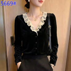 批发法式蕾丝v领<b class='q'>衬衫</b>女装长袖秋季新款复古宽松气质小衫黑色丝绒<b class='q'>上衣</b>