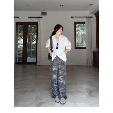 批发郭九九呢 100%棉简约百搭宽松显瘦<b class='q'>衬衫</b>秋季上衣<b class='q'>迷彩</b>休闲裤长裤女