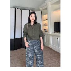 批发郭九九呢 100%棉简约百搭宽松显瘦<b class='q'>衬衫</b>秋季上衣<b class='q'>迷彩</b>休闲裤长裤女