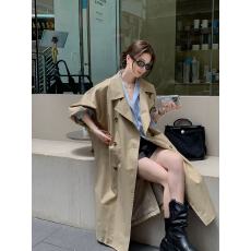 批发夏诗文 精选斜纹经典平驳领风衣哑光质感中长款廓形黑色外套女秋