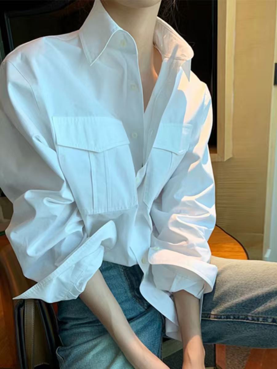 봄 가을 워크웨어 바람 캐주얼 순면 화이트 여성 셔츠 디자인 센스 작은 대중 chic 루즈핏 슬림해 보이는 스택 착용 셔츠