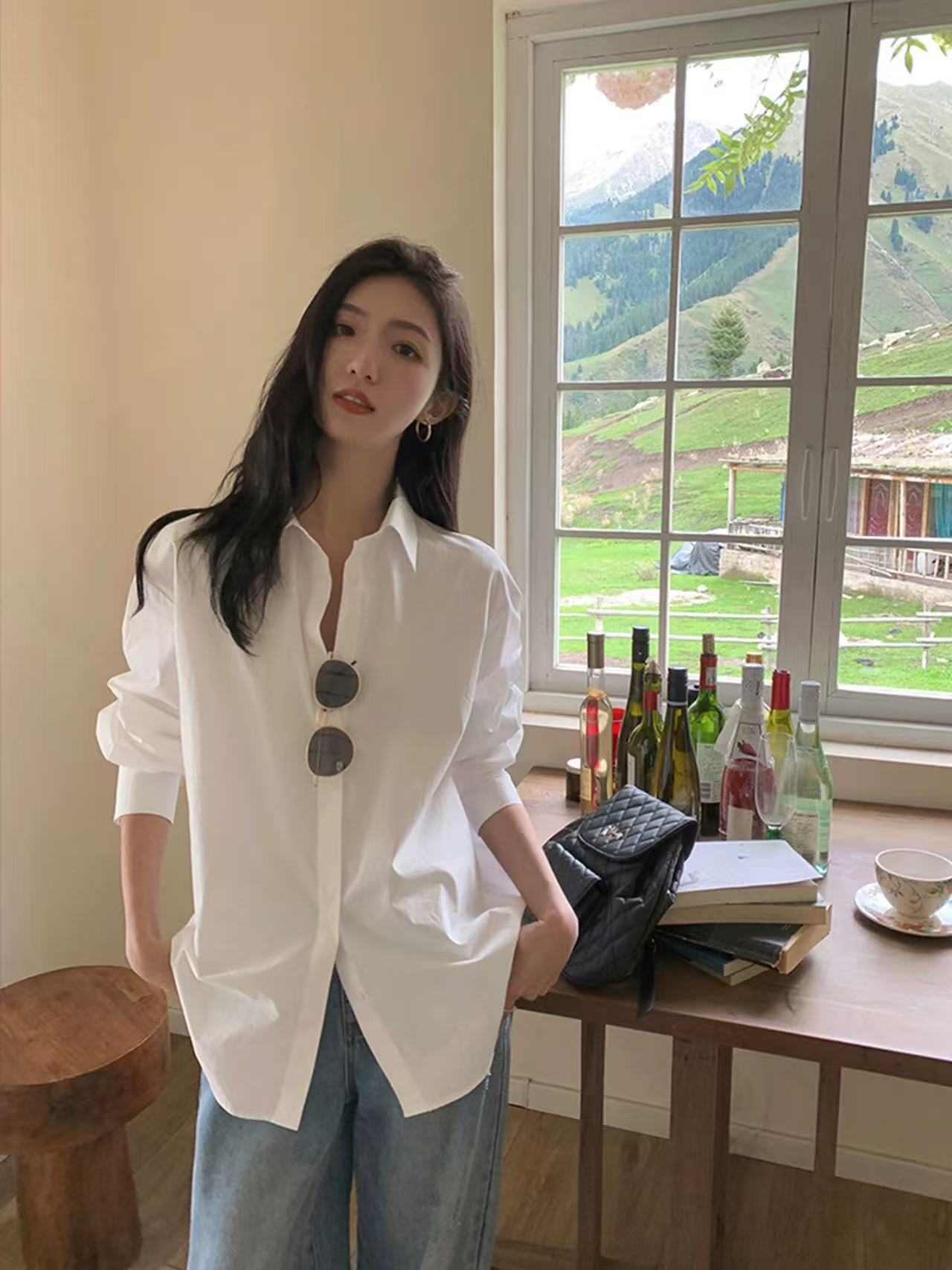 화이트 긴팔 여성 셔츠 봄 가을 새로운 루즈핏 캐주얼 맨위 기초 섹션 순면 셔츠