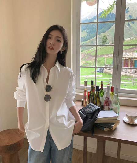 화이트 긴팔 여성 셔츠 봄 가을 새로운 루즈핏 캐주얼 맨위 기초 섹션 순면 셔츠