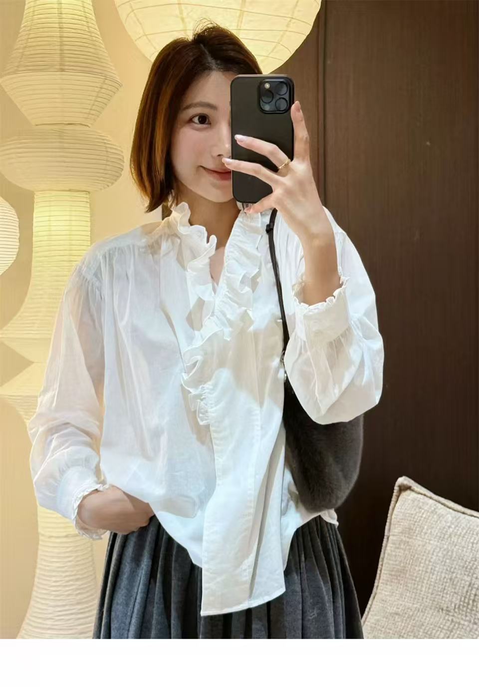 프릴 패치워크 순면 루즈핏 여성 셔츠 가을 프랑스식 스탠드 칼라 다용도 화이트 셔츠
