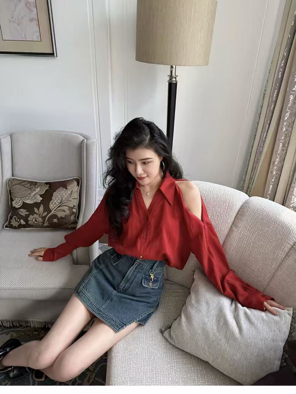 장 A 스타 봄 여름 켜기 새로운 레트로 빨간색 오프숄더 셔츠