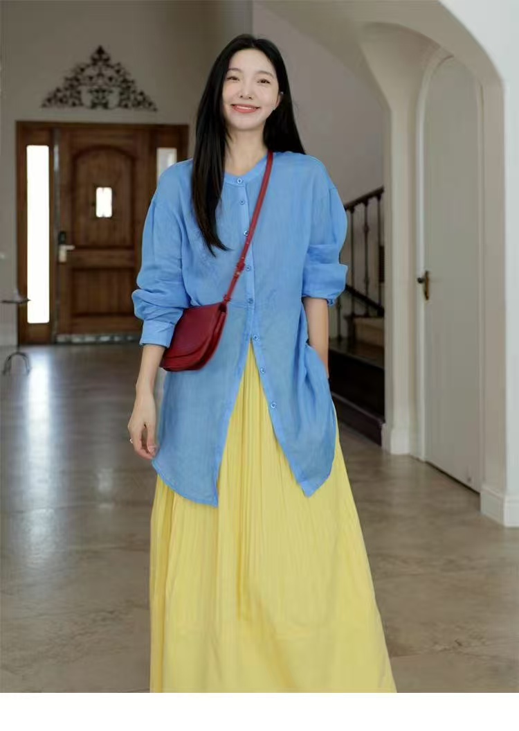 구오 지우주지 뭐라구? 100 라미 밝은 얇고 가벼운 우아한 루즈핏 롱 코트 셔츠 이른 가을 새로운 다용도