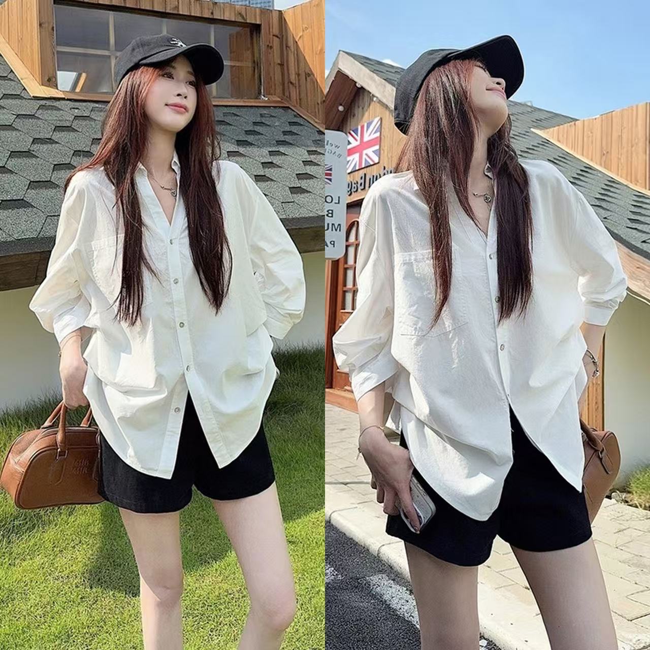 한 부서 V넥 화이트 여성 셔츠 봄 여름 폭발 폴로 칼라 슬림해 보이는 루즈핏 느긋한 느슨함 센스 출퇴근 얇은 스타일 맨위