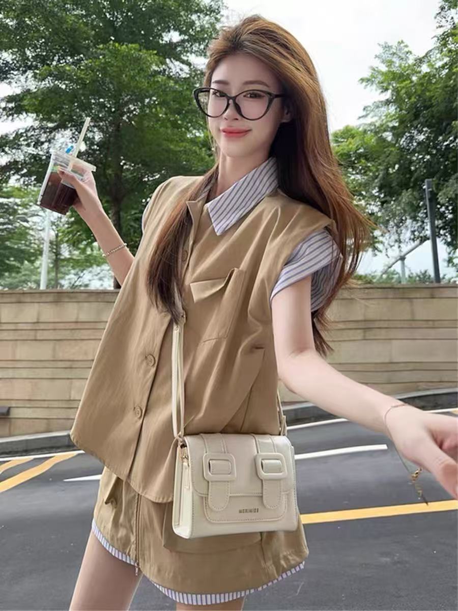 패치워크 배색 민소매 베스트 셔츠 맨위 여성 여름 세트 워크웨어 캐주얼 한 마디 반신 미니 스커트 투피스 세트