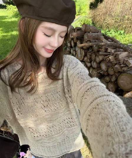 부드러운 바람 홀로우 아웃 자수 니트 블라우스 루즈핏 라운드 넥 느긋한 스웨터