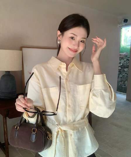 밝은 노란색 색상 레이스 업 셔츠 여성 가을 셔츠 출퇴근 캐주얼 고급 센스 품격 외출용 맨위