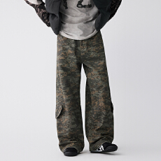 批发OTTB-美式重工马赛克迷彩宽松直筒Vibe阔腿磨边工装牛仔裤