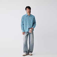 批发OTTB-美式做旧水洗复古蓝黄格子长袖<b class='q'>衬衫</b>外套男女毛边宽松小清新