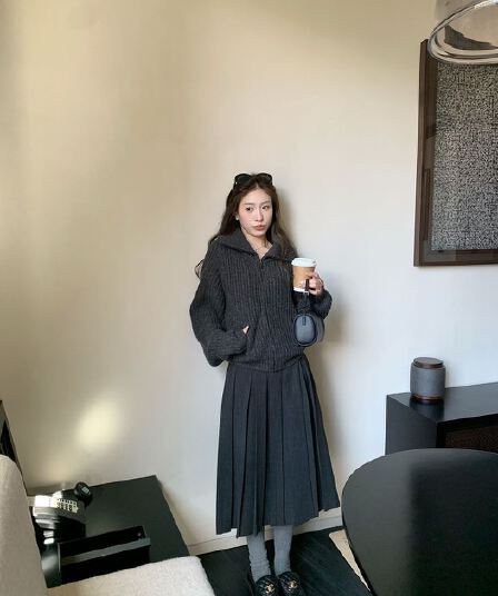 있음 선적 나고야 이야기 회색 학원 스타일 모직 반신 스커트 가을 겨울 하이웨이스트 한 마디 정장 플리츠 스커트