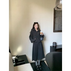 批发已出货//名古屋物语灰色学院风毛呢半身裙秋<b class='q'>冬</b>高腰A字西装百褶裙