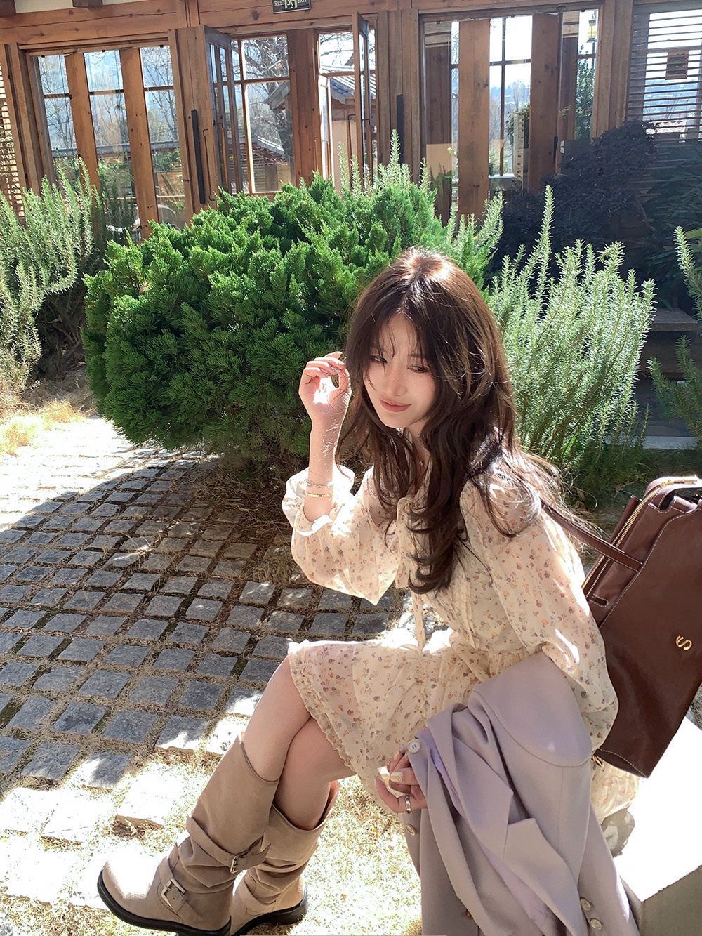 있음 선적 등나무 꽃 사랑 신선함 우아한 꽃무늬 쉬폰 리본 V넥 허리 수축 케이크 드레스 품격