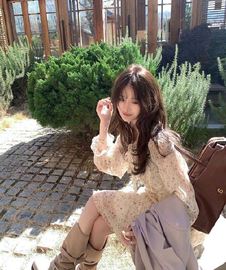 있음 선적 등나무 꽃 사랑 신선함 우아한 꽃무늬 쉬폰 리본 V넥 허리 수축 케이크 드레스 품격