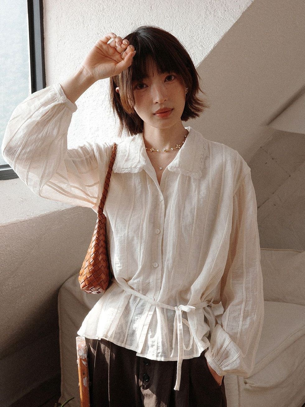 있음 선적 안지 리 아시아 인 스트라이프 수 있습니다. 허리 수축 프랑스식 셔츠 품격 소녀 셔츠 다용도 루즈핏 긴팔
