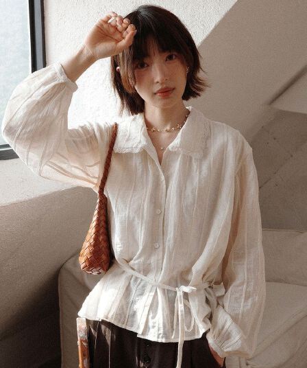 있음 선적 안지 리 아시아 인 스트라이프 수 있습니다. 허리 수축 프랑스식 셔츠 품격 소녀 셔츠 다용도 루즈핏 긴팔