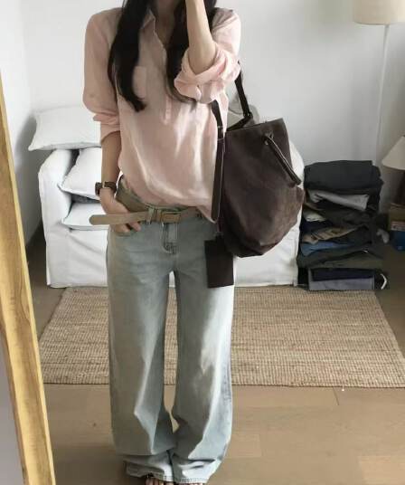 있음 선적 품격 느슨함 V넥 여성 셔츠 여름 얇고 가벼운 통기성 다용도 맨위 루즈핏 품격 핑크색 셔츠