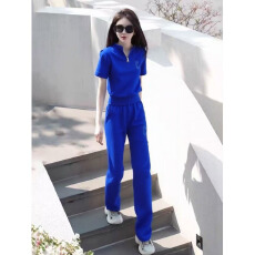 批发欧货炸街蓝色休闲运动套装女夏欧货新款时髦洋气直筒裤两件套