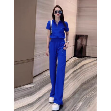 批发蓝色休闲运动套装女夏季新款<b class='q'>时尚</b>显瘦拉链立领短袖气质长裤两件套