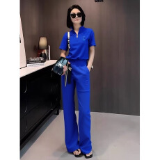 批发欧货炸街蓝色休闲运动套装女夏欧货新款时髦洋气直筒裤两件套